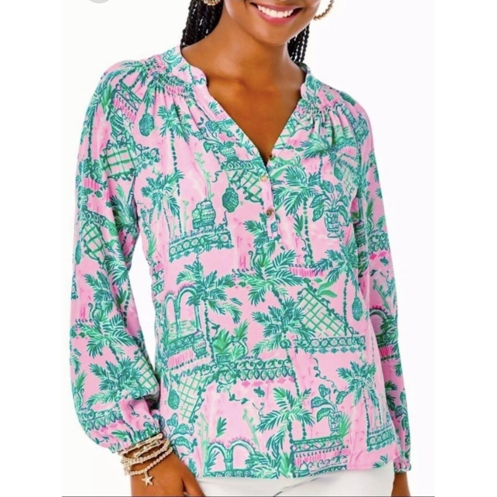 Lilly Pulitzer Elsa Silk Blouse Pink Green Sea You Soon Tropical Palm S